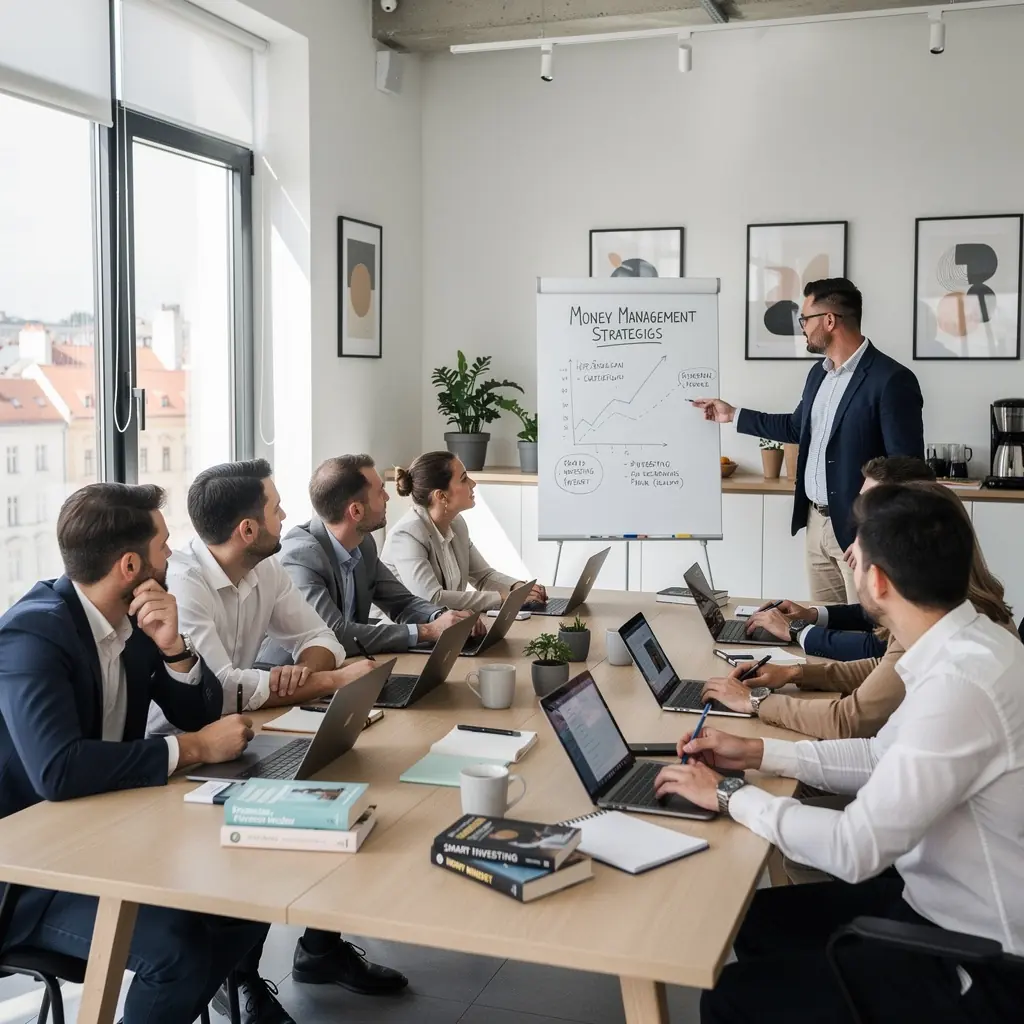 Fotografie různých finančních knih na polici zaměřených na správu peněz