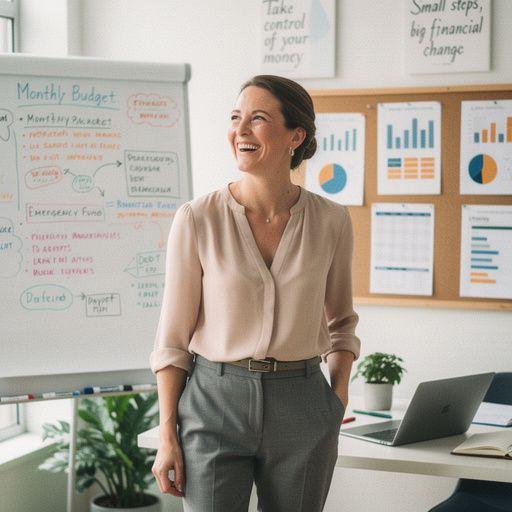 Kniha o osobních financích leží na stole vedle notebooku a psacích potřeb.